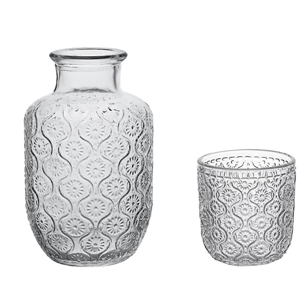 Juego de jarra de agua y vaso vintage para mesita de noche, jarra de vidrio de 18.5 onzas y taza de 5 onzas, juego de jarra de agua nocturna con vaso, jarra de agua de vidrio transparente con tapa