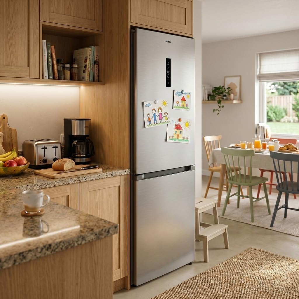 EDESA Frigorífico Combi EFC-1834 NF EX Total No Frost de 186 cm, 304 L, Control Electrónico, Display LED, Congelación Rápida, Puertas Reversibles, Clase E, Acero Inoxidable