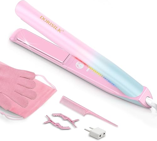 DORISILK Plancha de pelo de 470 F con luz colorida, plancha plana de doble voltaje para viajes europeos, 1 pulgada, alisador y rizador de cerámica