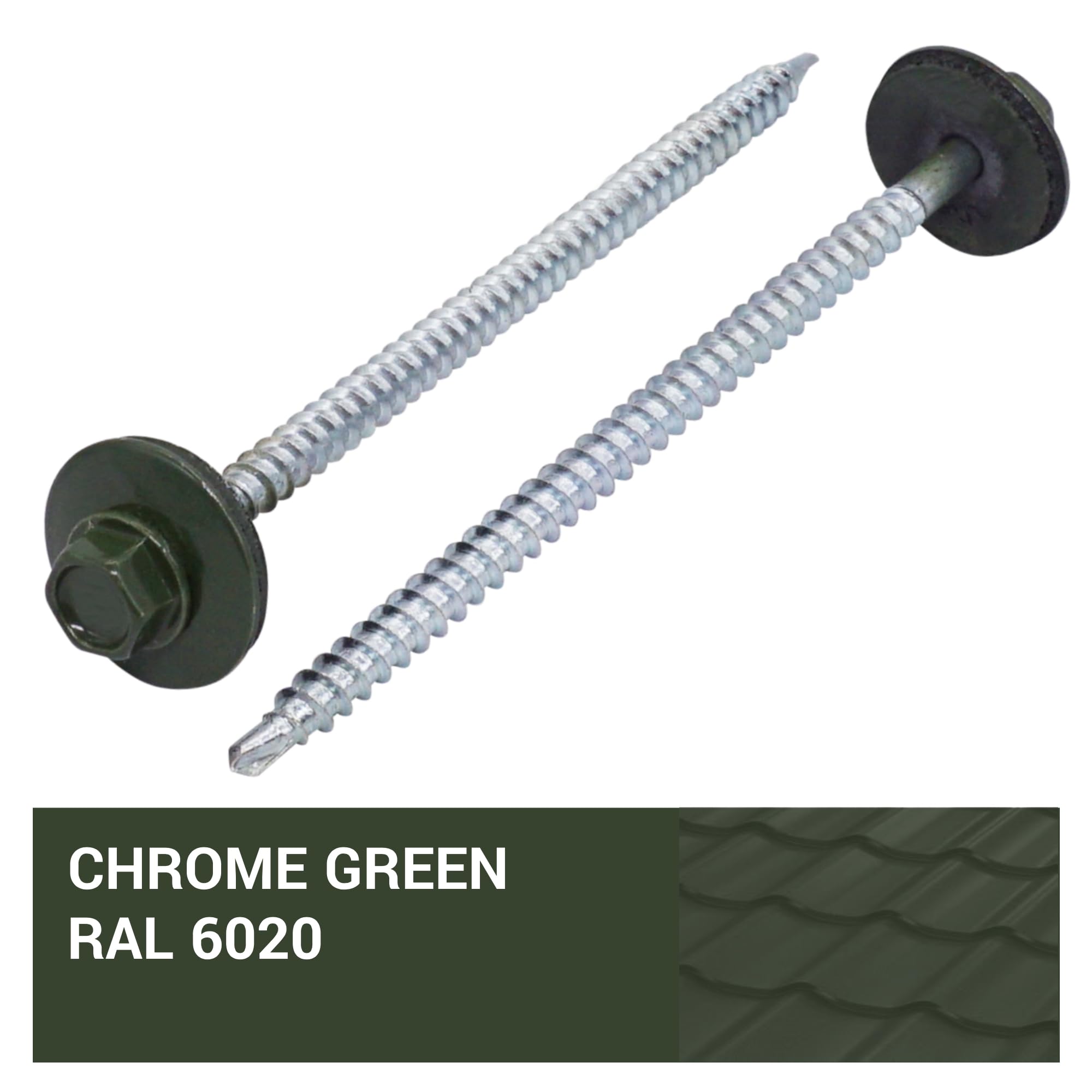 SKIR'CO (100 szt.) Malowane wkręty dachowe 4,8 x 100 mm, z łbem sześciokątnym, wkręty samowiercące z podkładką EPDM (zielony chrom, RAL 6020)