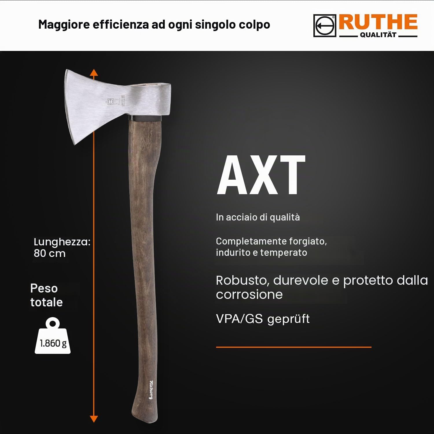 RUTHE Ascia spaccalegna 1.400g | Ascia da spacco in acciaio forgiato | Accetta professionale con manico in legno di hickory | Scure spaccalegna da 1.400 g