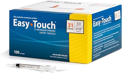 EasyTouch U-100 - Jeringa de insulina con aguja, 31G 0.5cc 516 pulgadas (0.315in), caja de 100 EasyTouch U-100 - Jeringa de insulina con aguja, 31G 0.5cc 516 pulgadas (0.315in), caja de 100