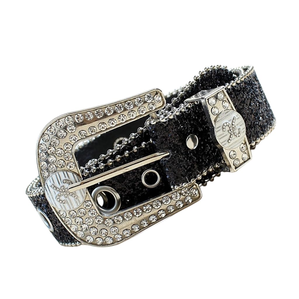ESTCNK Subculture Belt Fashion Rhinestones Buckle Belt Sequined Waistband for Pants, Black, As detailed description