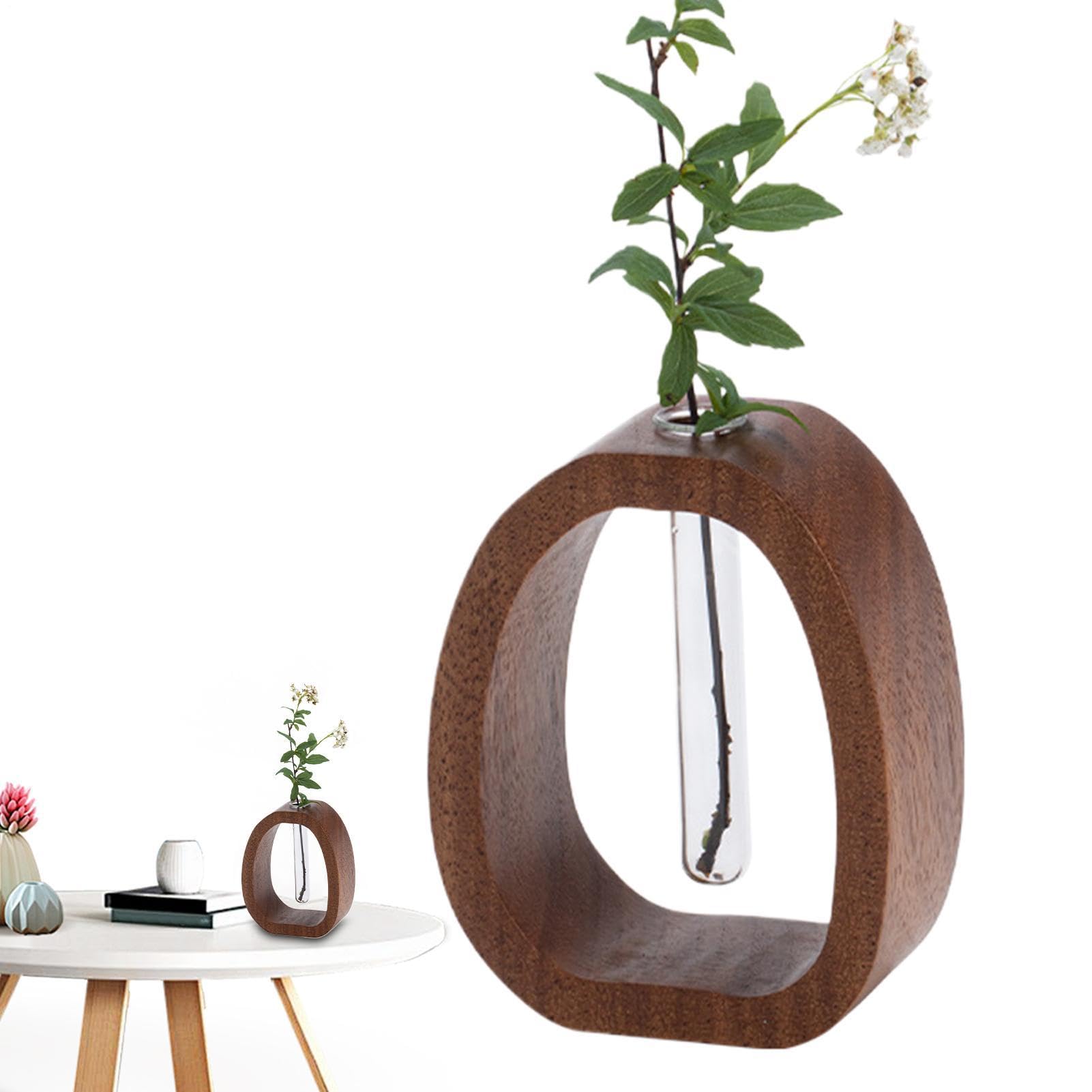 Tubos de vidrio para flores con marco de madera para decoración de mesas y escritorios