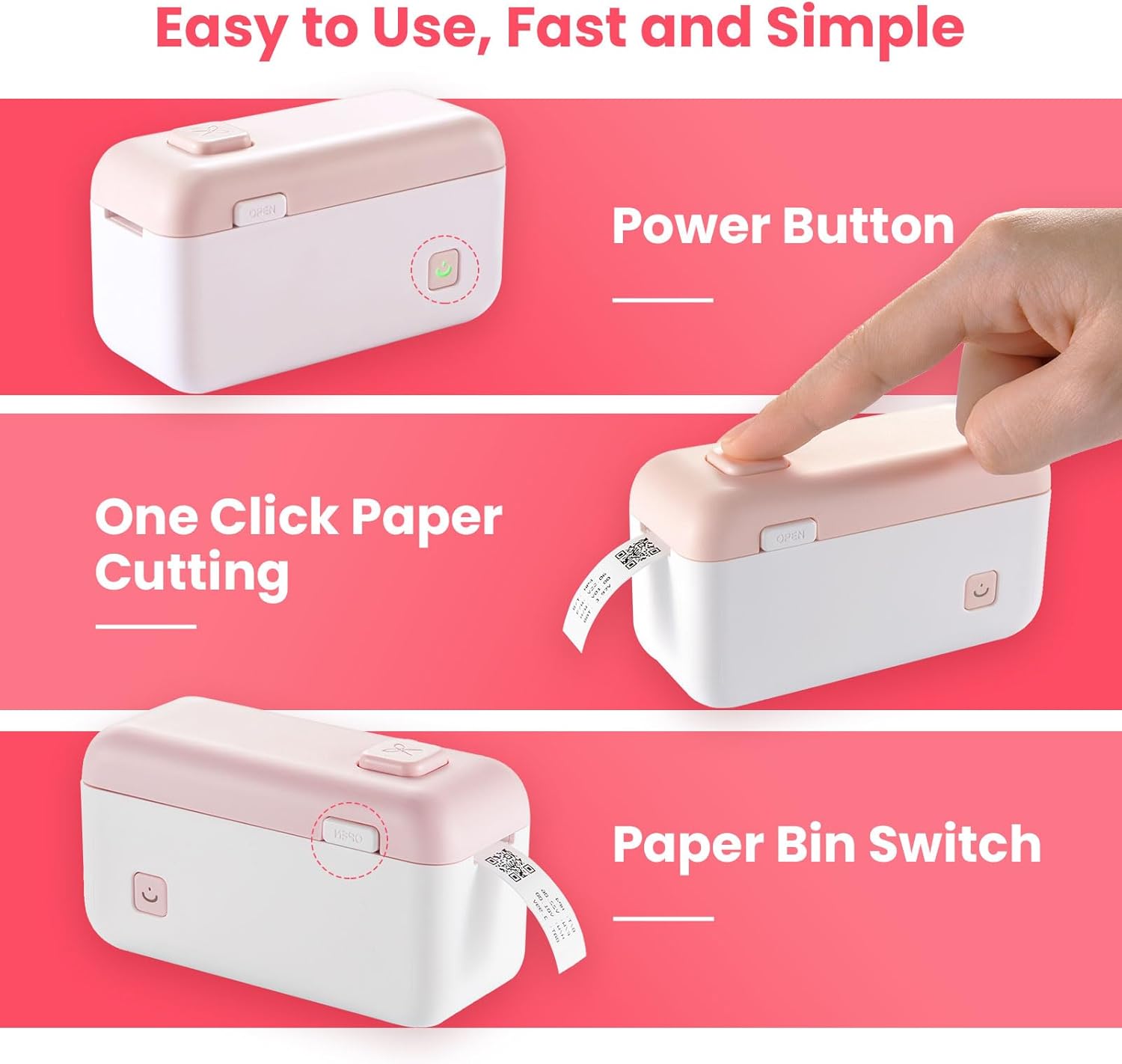 Close-up of the HP4 label printer showing the power button, paper cutting button, and paper bin switch.