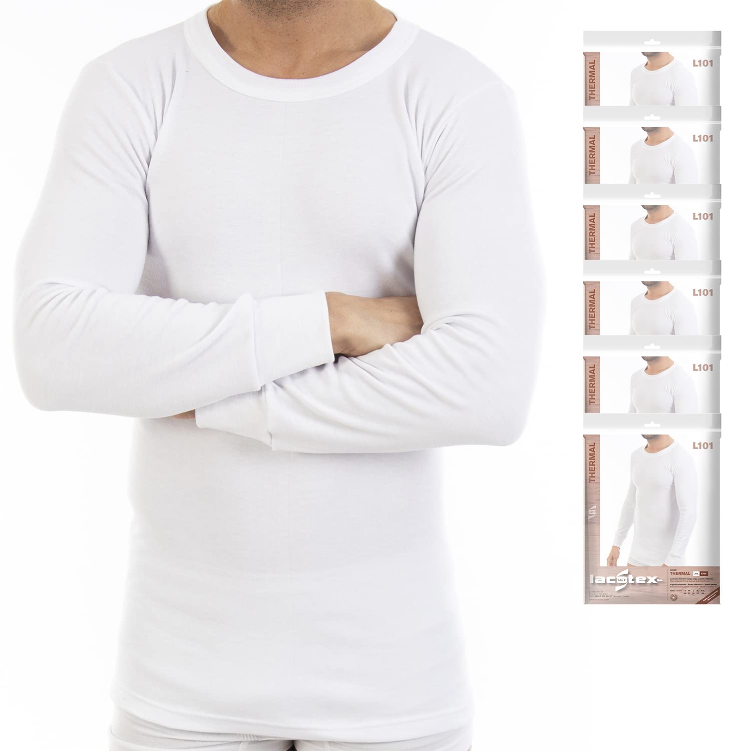 Lacotex Camiseta Interior Termal de Hombre | Camiseta Manga Larga y Cuello Redondo Térmica | Confort y Protección Térmica Interior | Pack Ahorro 6 Unidades | Talla M L101