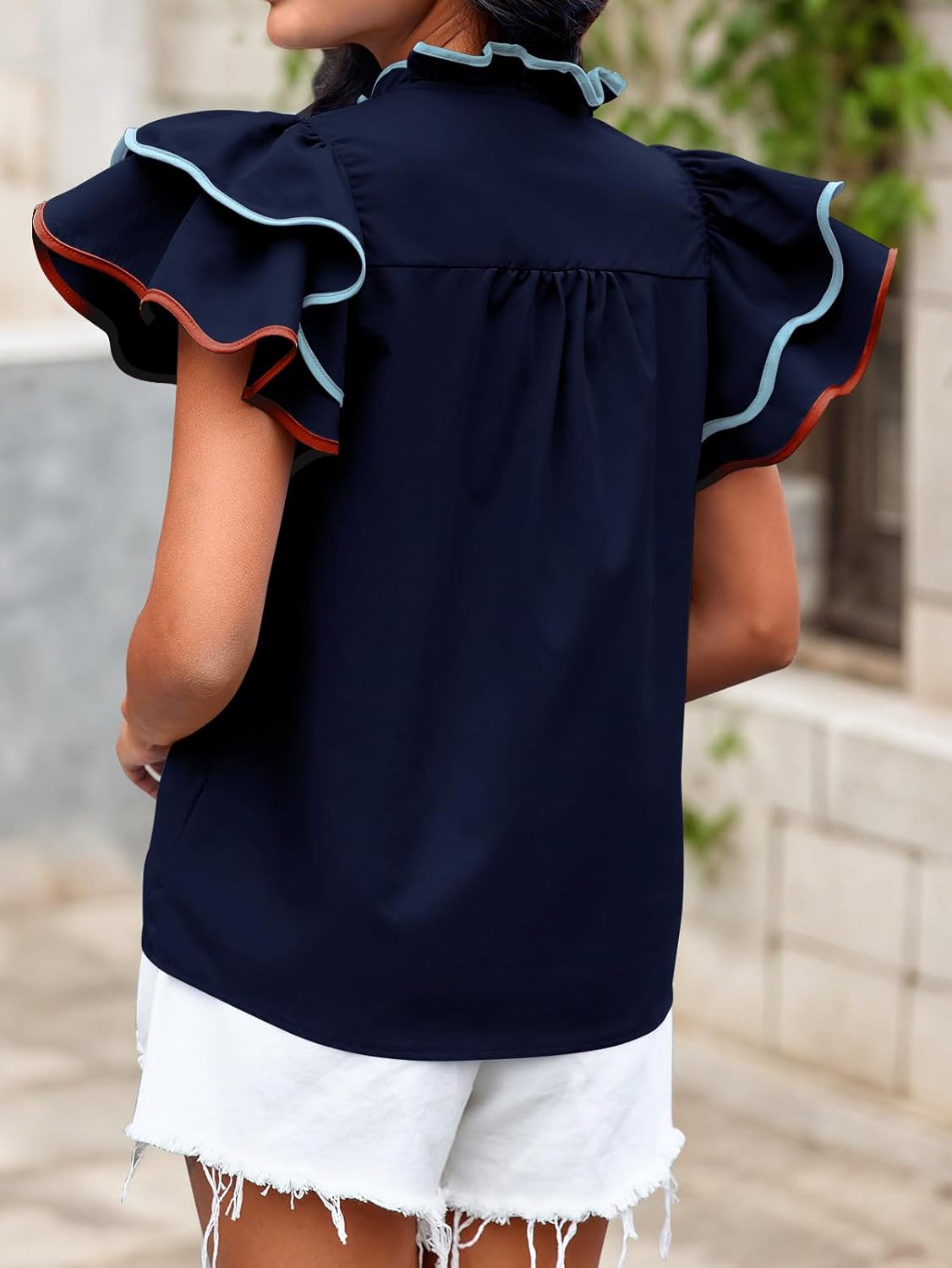 Tankaneo Womens Ruffle Short Sleeve Blouse V Neck Button Down Shirts Color Block Trendy Casual Tops - Image 5