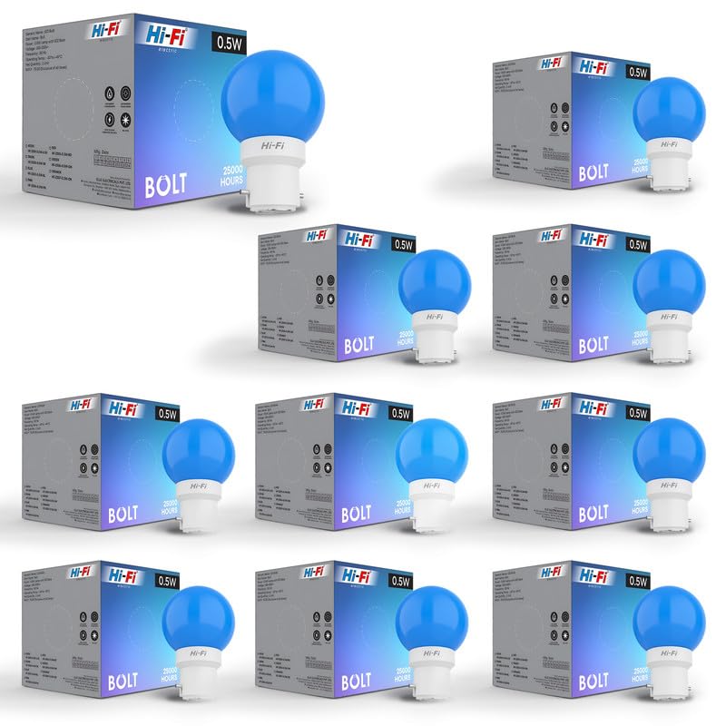 Image of Hi-Fi 0.5W LED Bulb (Blue) B22 Base | Energy Efficient Zero Watt Light | Decorative Night Lamp for Home, pooja room light & Bedroom Zero Blub (Pack of 10)