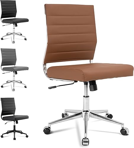 Okeysen Silla de escritorio de oficina sin brazos marrón, Sillas giratorias ergonómicas de la sala de conferencias con respaldo medio, Silla de
