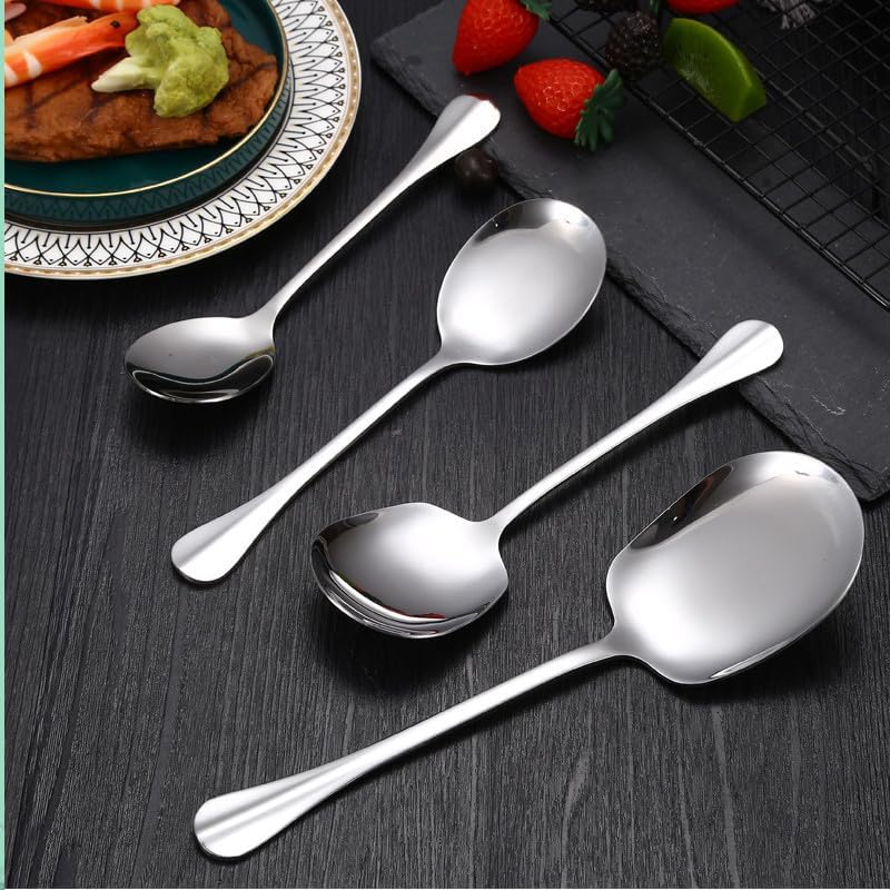 Silverware Set, 1/4/6/8 Pieces Stainless Steel Serving Spoon Hotel Spoon Canteen Household Long Handle Small Public Spoon Dinner Spoon Tableware，Silver-8 Pieces