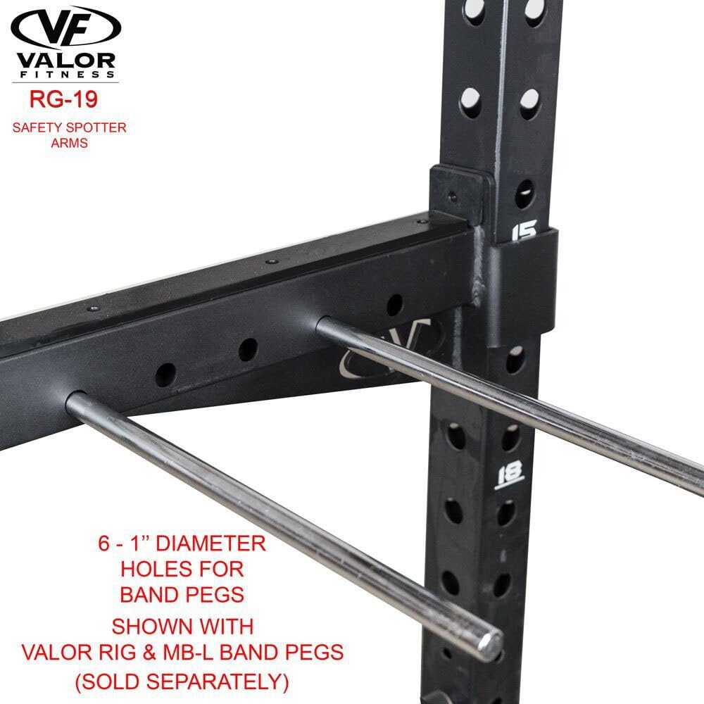 Valor Fitness Safety Spotter Arms for 3"x 3" Power and Squat Racks Adjustable - Barbell Catch System with Rubber Protection and 1" Band Peg Holes on The Side - Power Rack System Accessories