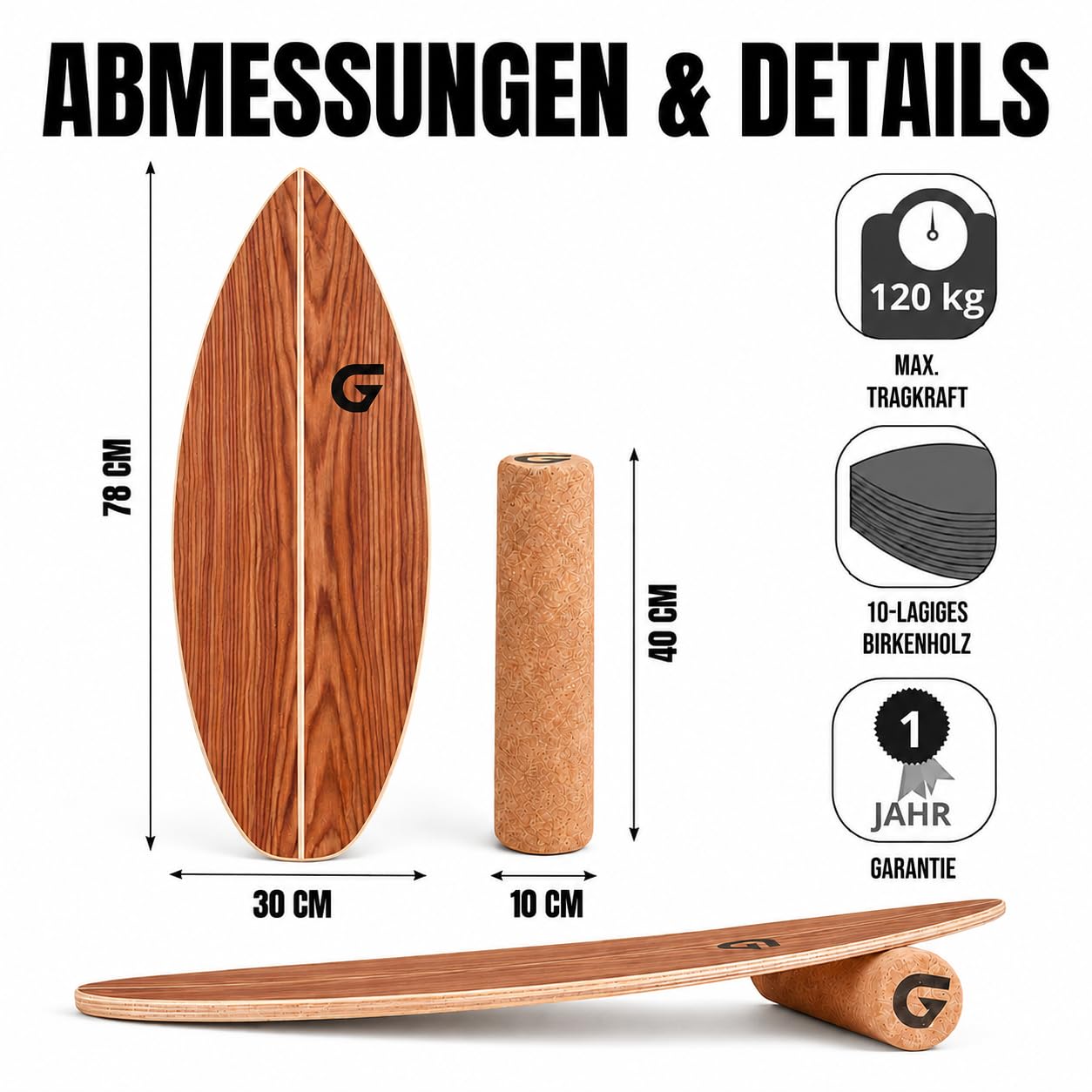 Glory Boards® Balance Board – Handmade - 100% Birkenholz - Inklusive Korkrolle - Optimal für Gleichgewichts- & Krafttraining, Für Einsteiger & Fortgeschrittene, Indoor & Outdoor – Erwachsene & Kinder