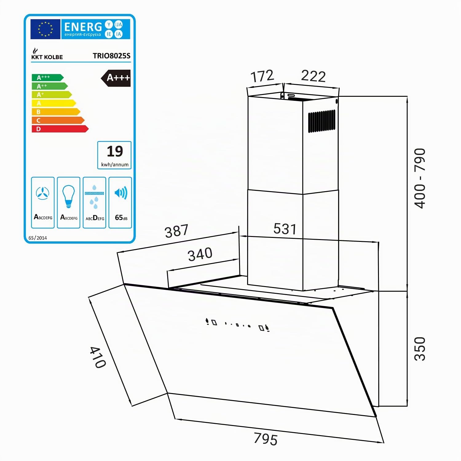 KKT KOLBE Campana extractora 80 cm | aire de circulación de aire de escape | 782 cbm/h | cubiertas sin cabeza | negro vidrio | control de gestos | control táctil sensor | iluminación LED | TRIO8025S