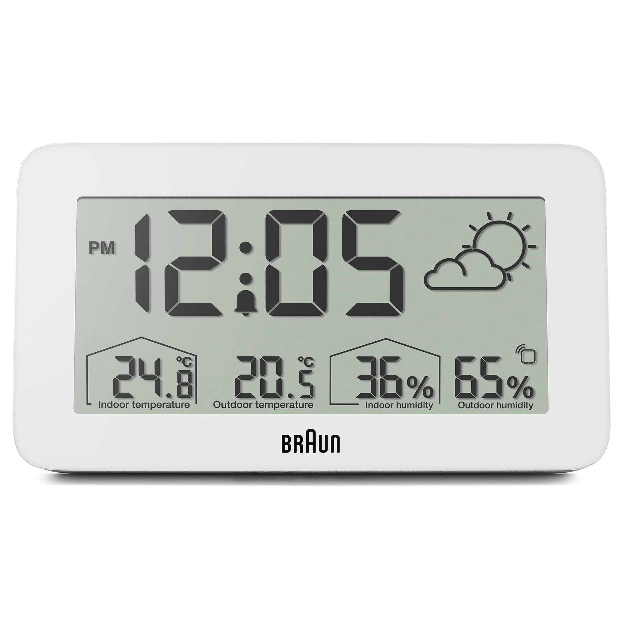 Braun Orologio digitale con stazione meteorologica temperatura e umidità interna ed esterna, previsioni, display LCD, impostazione rapida, allarme sonoro in crescendo, bianco, modello BC13WP.