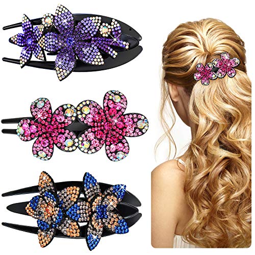 3 Pieces Glitter Hair Comb Claw Rhinestone Double Flower Hair Clips Flower Hairpin Barrettes Duckbill Flower Hair Clip Floral Dovetail Hair Clips for Women Girls