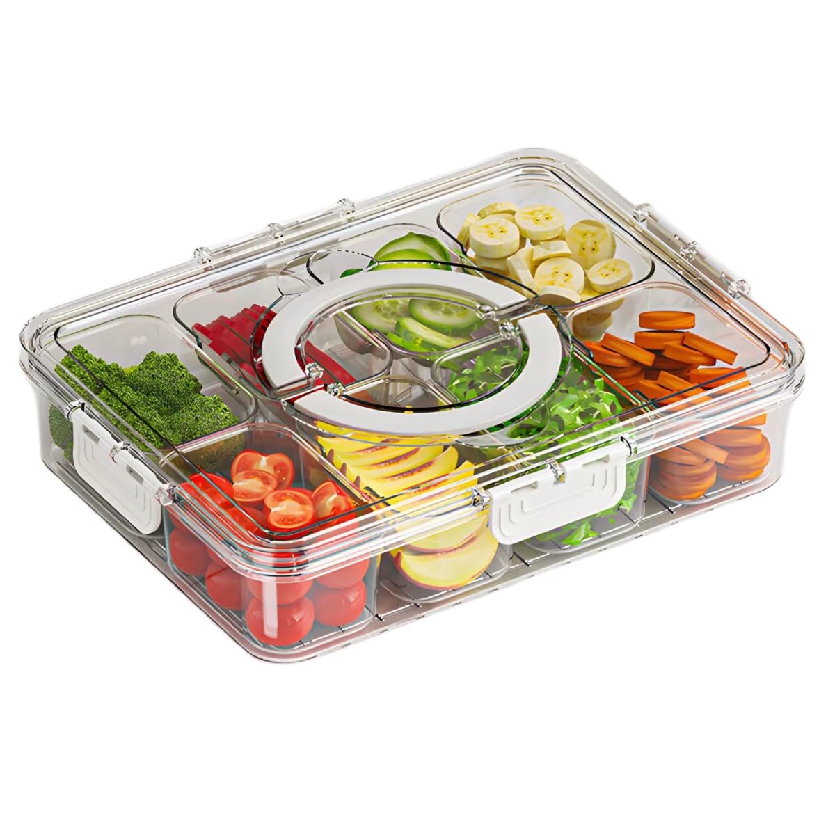 Snack Box with Compartments, Snackle Box, Divided Snack Trays, Stretch Fresh Storage Trays, Reusable Fruit Storage Containers for Fridge, Gobe snack Spinner Wheel with Lids (Clear-8 Compartment ﻿)