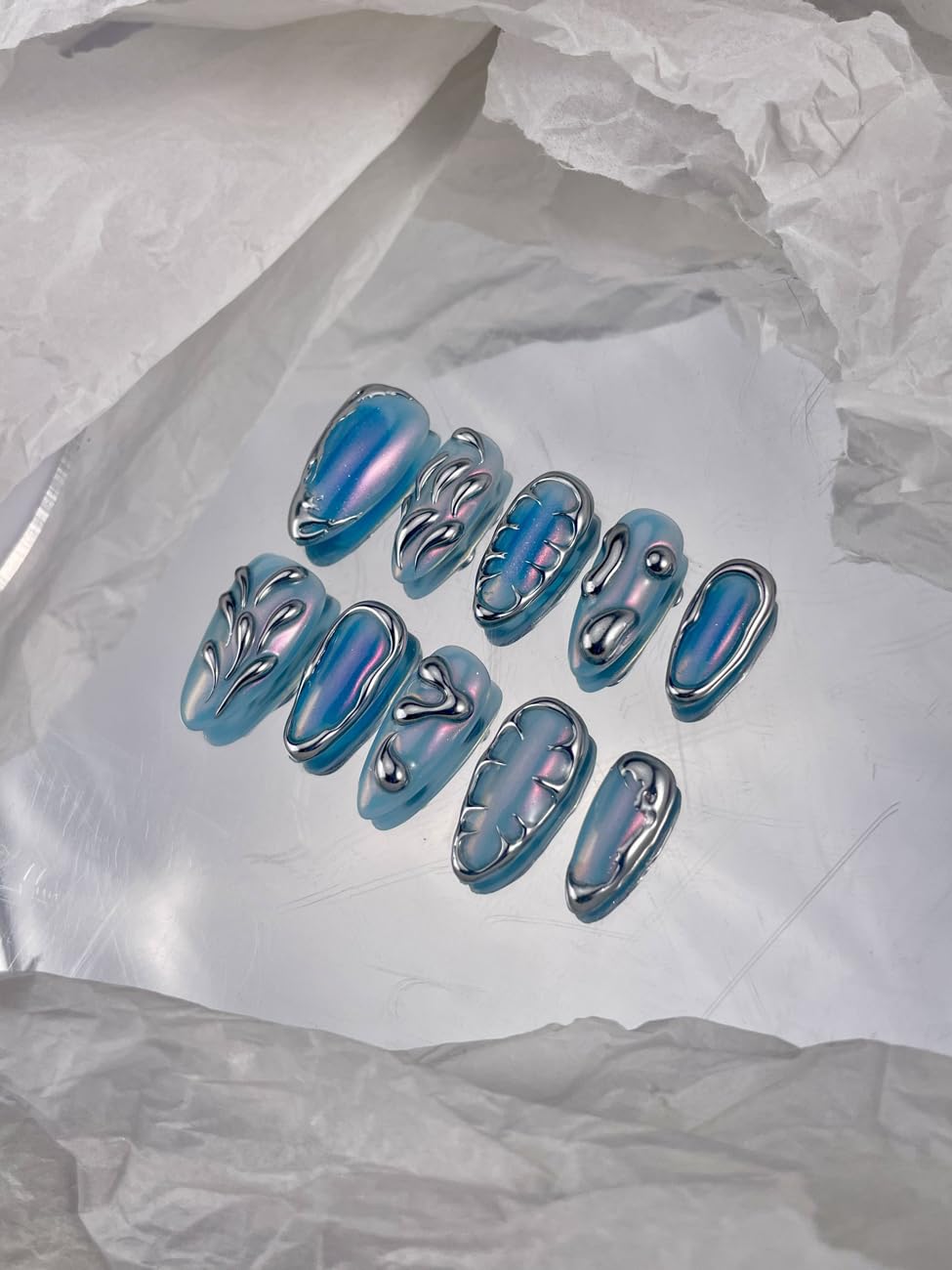 Press on Nails Blue Ombre Medium Almond 3D Fake Nails Reusable Luxury Handmade False Nails with Design Solid Chrome,Press ons Muti-Layer Gel Acrylic Handmade Nails for Wome Manicure(Size S)