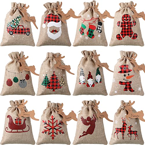 Shappy 24 Pcs Christmas Burlap Gift Bags, Small Treat Goody Bags with Drawstrings for Christmas, Featuring 12 Designs for Xmas and New Year Party Favors and Supplies(Rustic Style,7 x 5 Inch)