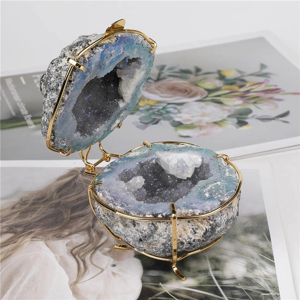 Crystal Geode Irregular Ring Box,100% Natural Crystal Agate Cluster, Titanium Coated Quartz Ring Holder for Women Girls (Color : A, Size : 8x8cm)