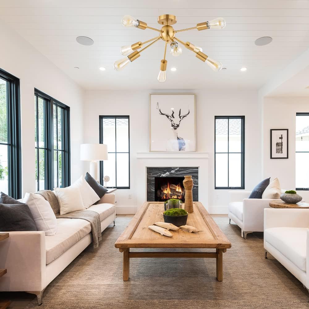 BONLICHT Sputnik Ceiling Light Brushed Brass 8 Light Modern Chandelier Lighting Gold Mid Century Semi Flush Mount Starburst Style Ceiling Lamp for Kitchen Dining Room Bedroom