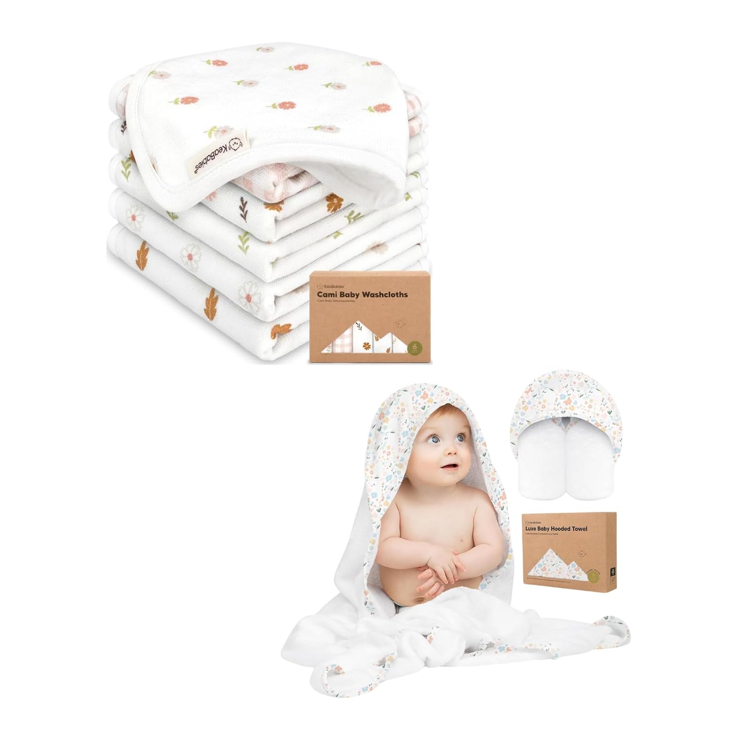 KeaBabies 6-Pack Cotton Baby Washcloths for Newborn, Kids and Baby Hooded Towel - Cotton Muslin Soft Wash Cloths, Super Absorbent & Scratch-Free Rag - Hooded Towel for Infant & Toddlers