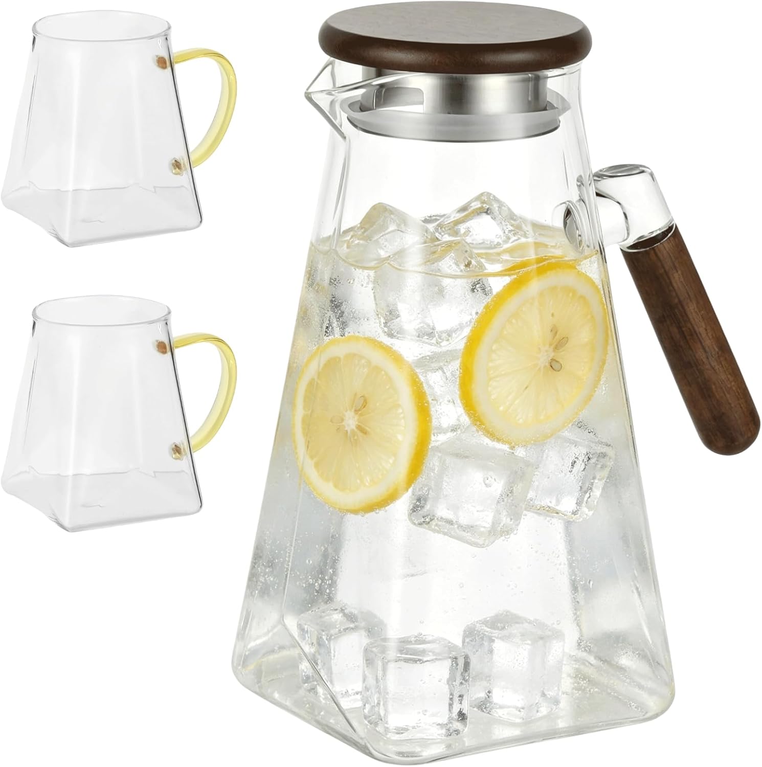 1.8L Glass Pitcher with Wooden Lid, Heat-Resistant Borosilicate Jug and 2 Cups Set, Crystal Clear Square Diamond Design, 9.4 x 7.1 x 7.1 in for Cold or Hot Drinks, Household Use