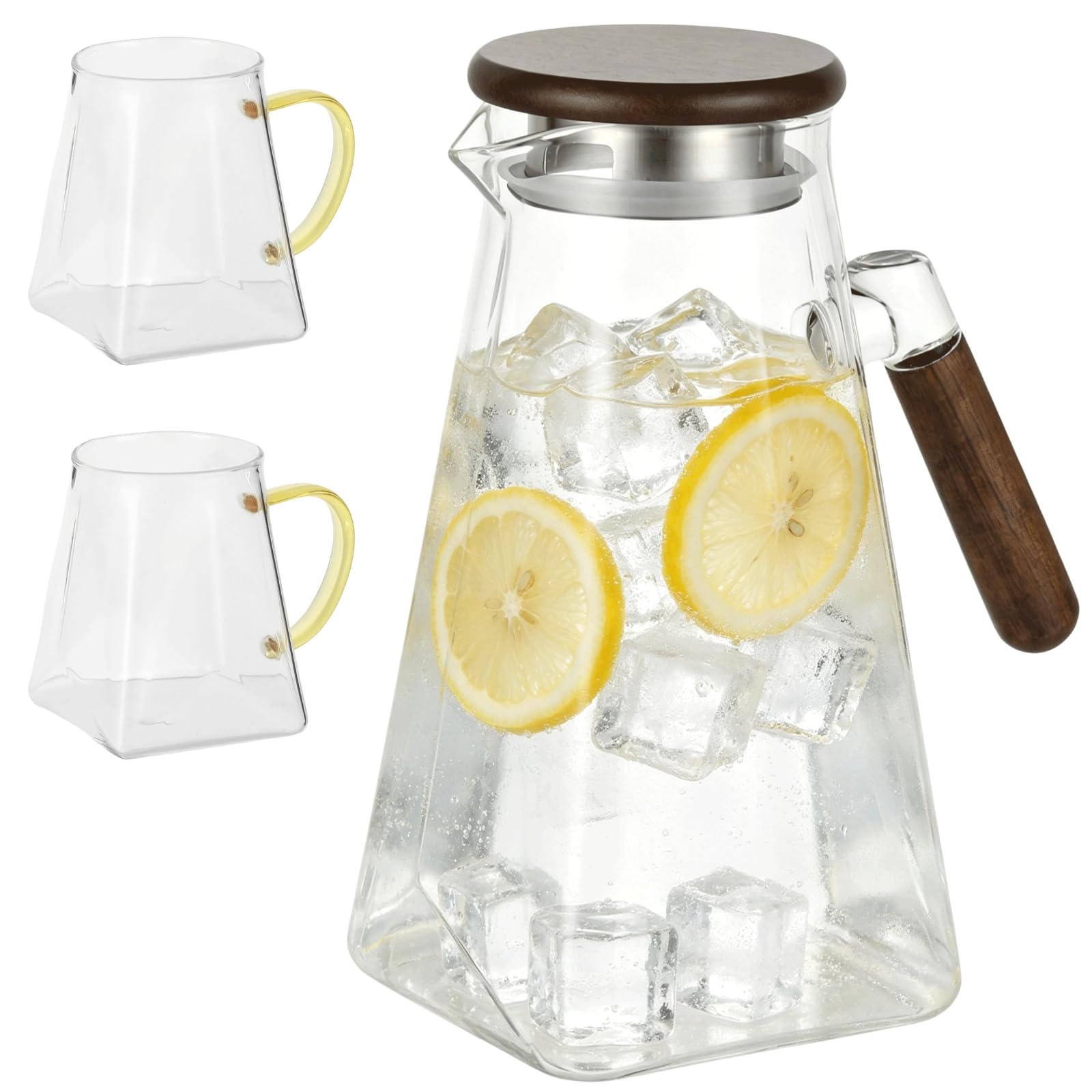 Glaskrug mit Holzdeckel, 1,8 l Borosilikatkrug Set mit 2 Bechern, hitzebeständig, kristallklar, eckiges Diamantdesign, 9,4 x 7,1 x 7,1 in, für kalte oder heiße Getränke, für den Haushalt