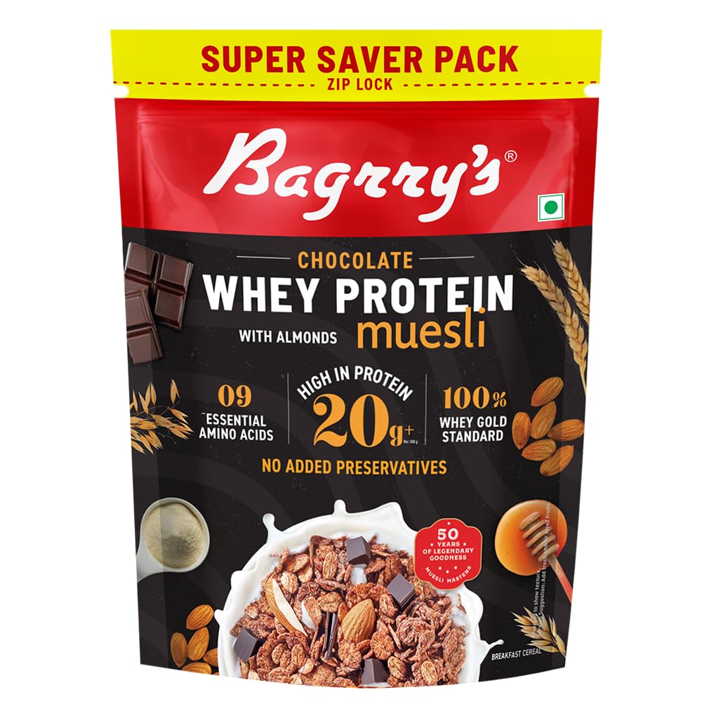 Bagrry’s Whey Protein Muesli 750g | 20g+ Protein | Chocolate Flavour | Whole Oats, Whey Protein, Californian Almonds & Bran | Breakfast Cereal | High Protein & Fibre | Premium American Whey Muesli Bagrry’s Whey Protein Muesli 750g | 20g+ Protein | Chocolate Flavour | Whole Oats, Whey Protein, Californian Almonds & Bran | Breakfast Cereal | High Protein & Fibre | Premium American Whey Muesli