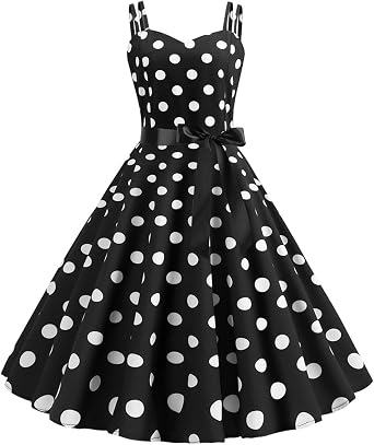 Womens Polka Dot Swing Dress, Vintage 50s Halter Sleeveless Cocktail Dress, Rockabilly Prom Tea Party Dress
