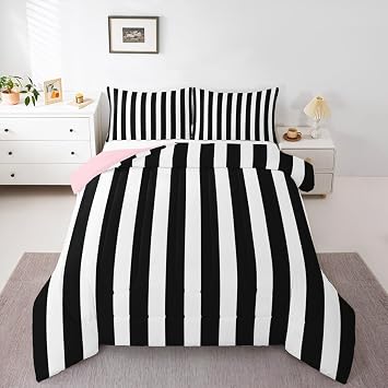 Erosebridal Black and White Striped King Comforter Set Pink Reversible | Striped Bedding Set Pink and Black Comforter Sets for Kids Teens Adults Cute Pinstripe Girls Bed Quilt Sets