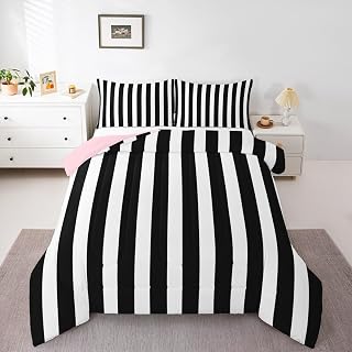Erosebridal black and white striped queen comforter set with pink reverse