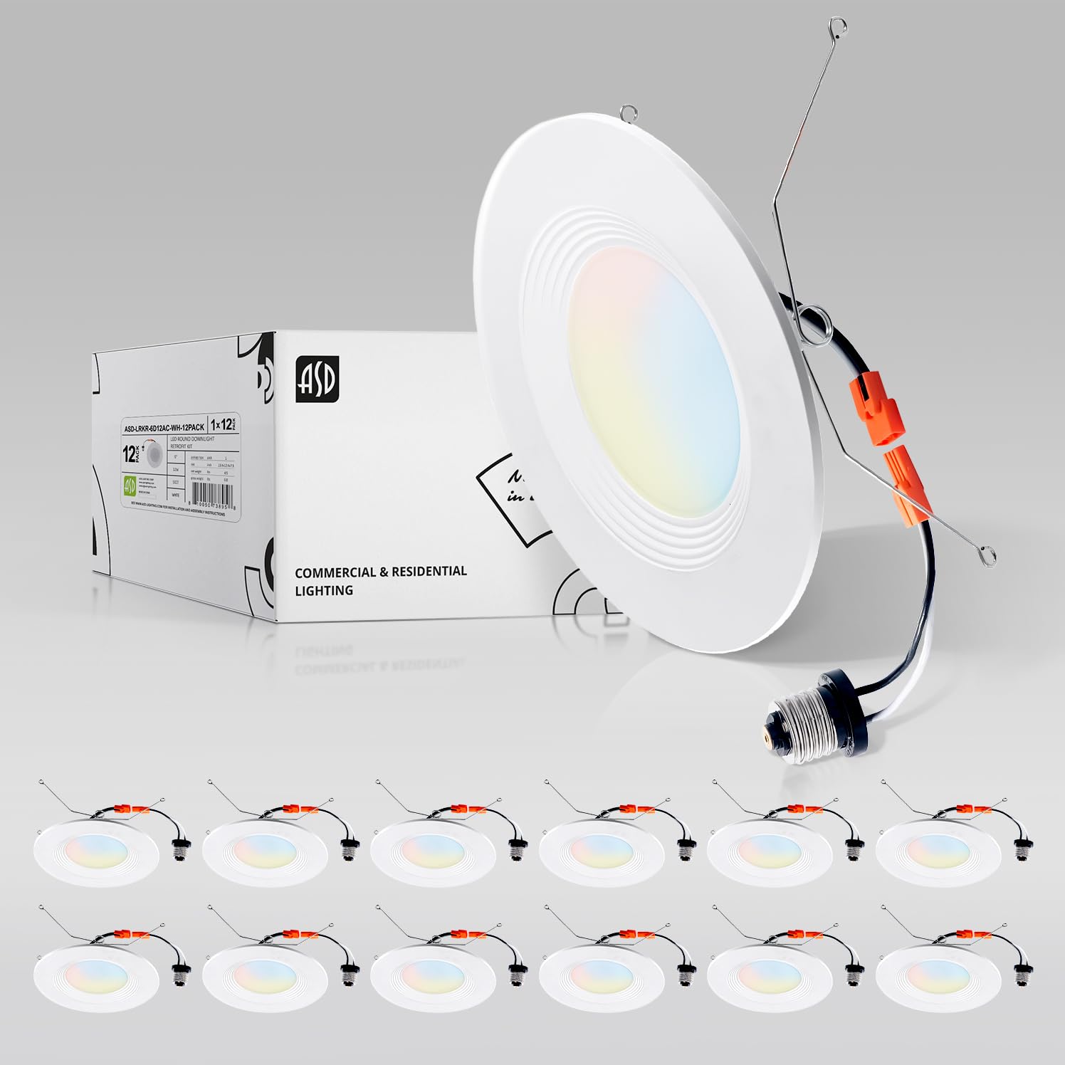 ASDRetrofit LED Recessed Lighting 6 Inch | White 12W 1009 Lm Wet Rated Dimmable Ceiling Downlights | 2700K-5000K Adjustable CRI90 Room Recessed Light Fixtures | LED Can Lights, UL 12 Pack