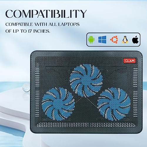 Image of CLAW Breeze C3 Laptop Cooling Pad with 3 Motor Fans, 2 Adjustable Height, with Built-in Dual USB Hub | Black and Blue