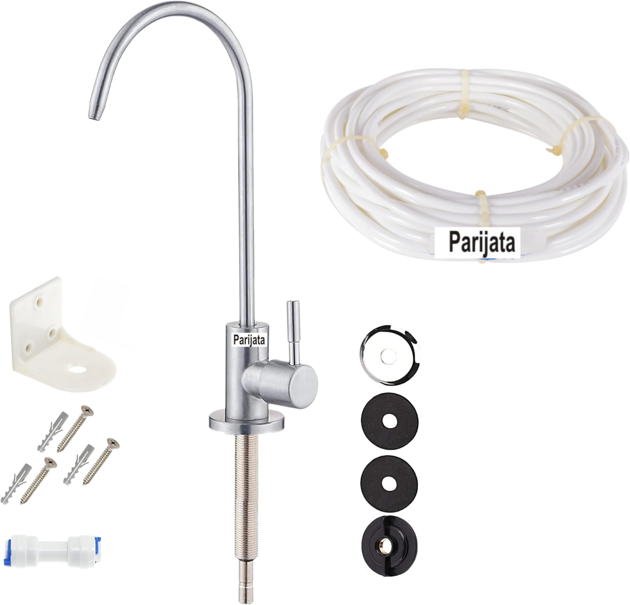 PARIJATA Stainless Steel Faucet Tap for Under-Sink RO Water Purifiers - 1/4 Inch Pipe Connection with Pipe & L-plate for wall mounting