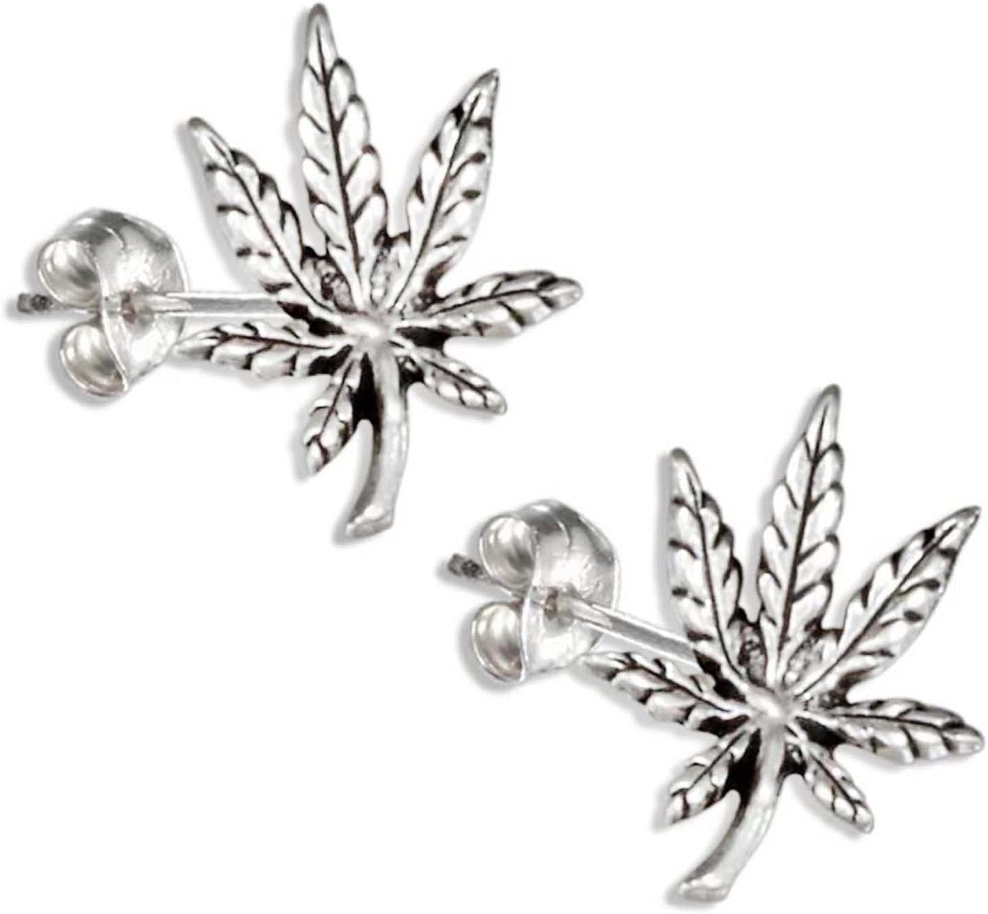 Marijuana Pot Leaf Cannabis 925 Sterling Silver Post Stud Earrings with Hypoallergenic Posts