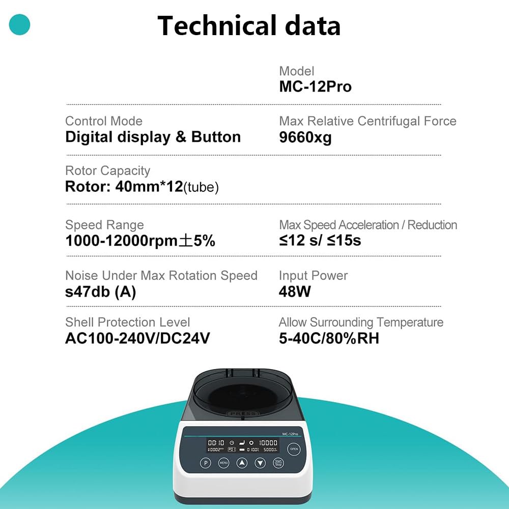Centrífuga De Laboratorio para Rotores Capilares (40 Mm X 12), Velocidad Máxima De 12 000 RPM, Temporizador De 30 S a 59 Min, Fuerza Centrífuga Máxima De 9660 X G, para Uso En Laboratorio