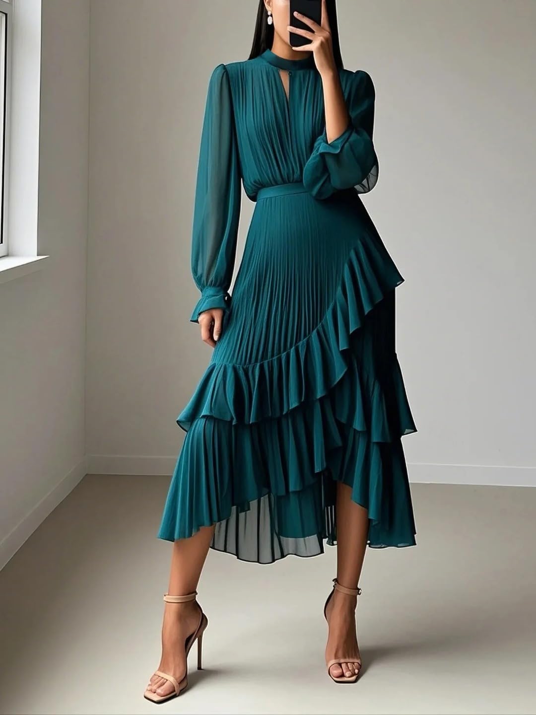 Women's Solid Color Chiffon Elegant Pleated Long Sleeved Irregular Ruffle A-line Slim fit Dance Dress