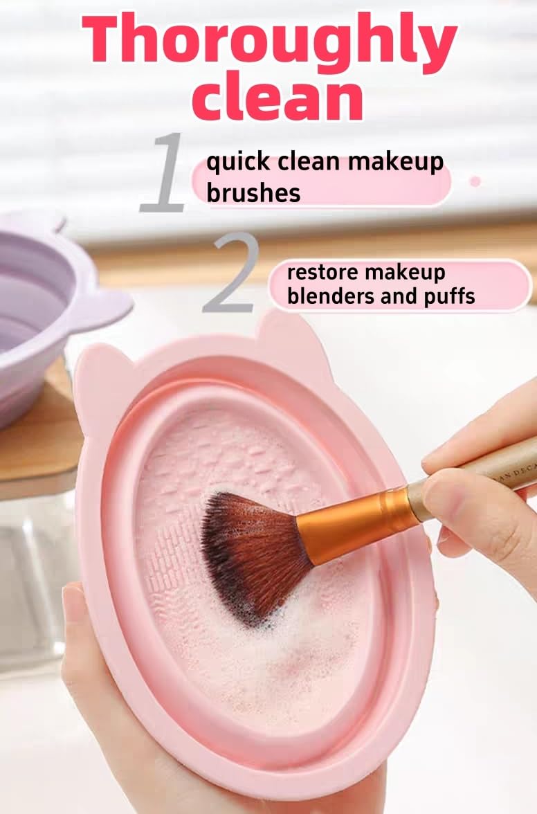 Tappetino in silicone per la pulizia dei pennelli da trucco, rosa, ciotola portatile pieghevole, spugnetta per frullatore di bellezza, strumento di lavaggio per pennelli da trucco con design a