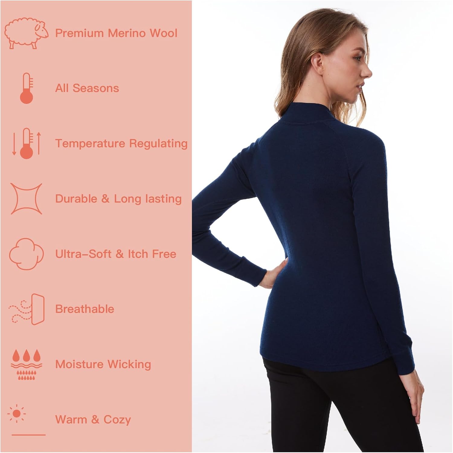 MERINNOVATION Merino Wool Base Layer for Womens - Wool Half Zip Sweater Long Sleeve Midweight Quarter Zip Women Shirt - Image 2