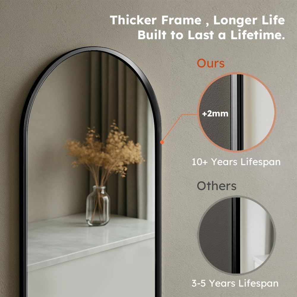 Arched Floor Mirror 56x19 Inch - Heavy Duty Aluminum Frame, Standing/Wall-Mounted/Leaning 3-in-1 Mirror for Bedroom & Gym, Shatterproof Tempered Glass & Slim Profile Design, Black