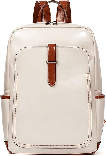 Telena Mochila para laptop para mujer, de cuero vegano de 15.6 pulgadas, mochila para computadora portátil, bolsa de viaje universitaria, Beige, L,