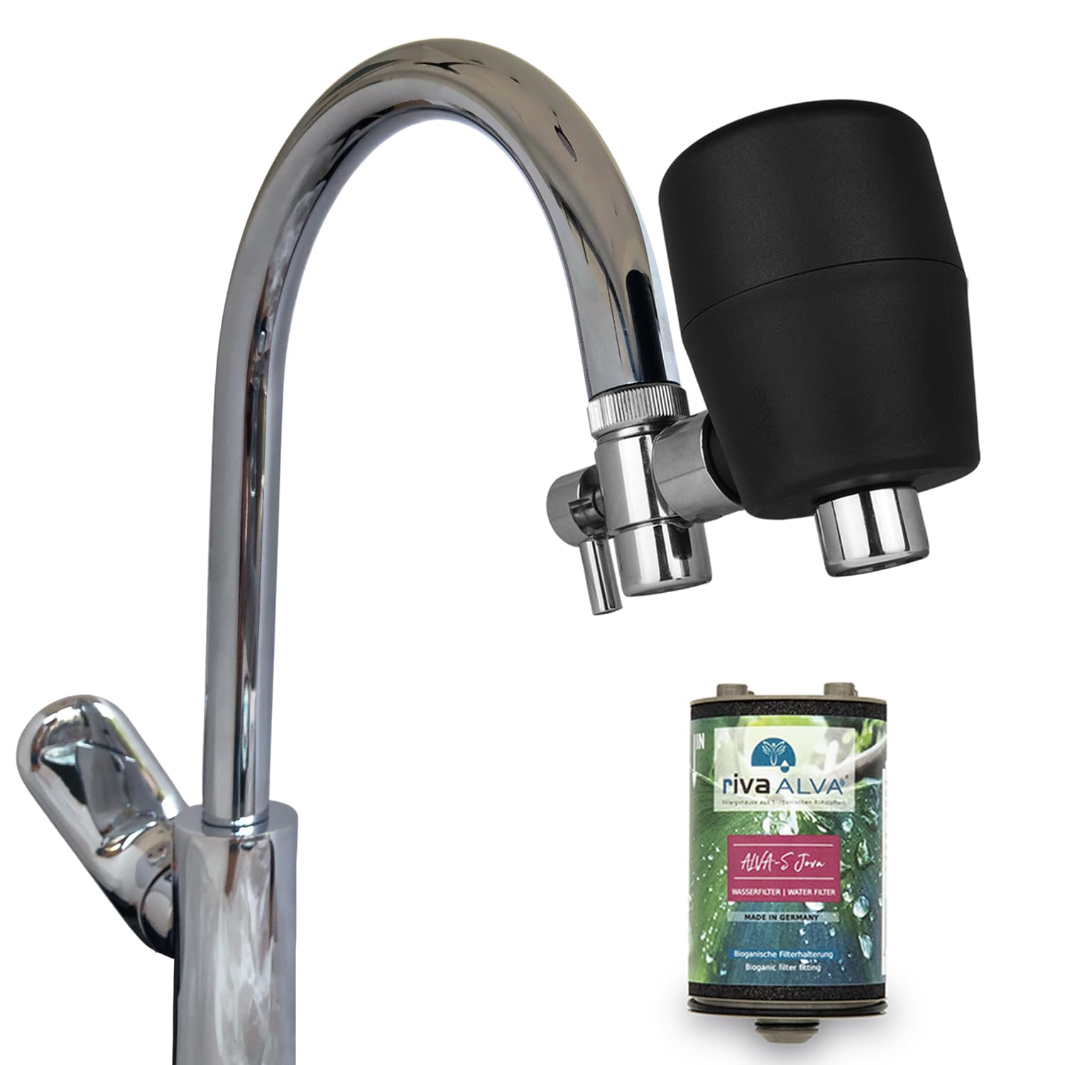 rivaALVA -S Jova - Filtro de grifo negro – Filtro 2 en 1 – Carbón activado con bloque y membrana de alta tecnología. Filtra contaminantes más 99,99% de bacterias y virus