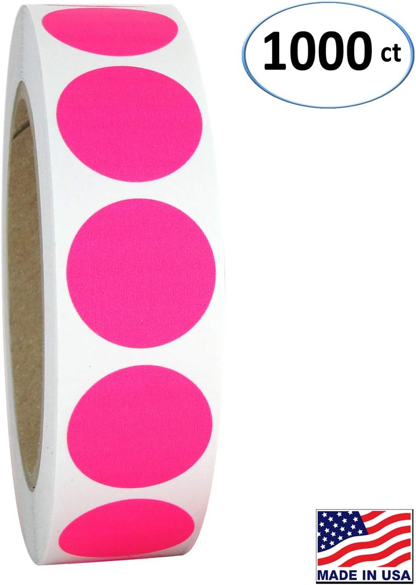 1" Neon Pink Round Color Coding Circle Dot Labels on a Roll, 1000 Stickers, 1 inch Diameter.