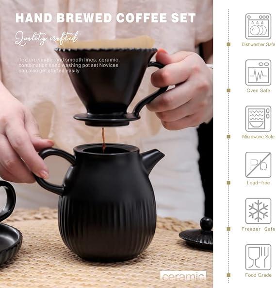 D'ORAMIE Pour Over Coffee Dripper Set, Pour Over Coffee Maker, Ceramic Slow Brewing Coffee Set, Manual Brew Maker, Strong Flavor Brewer Set, Matte Black, 1-2 Cup