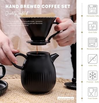 D'ORAMIE Pour Over Coffee Dripper Set, Pour Over Coffee Maker, Ceramic Slow Brewing Coffee Set, Manual Brew Maker, Strong Flavor Brewer Set, Matte Black, 1-2 Cup