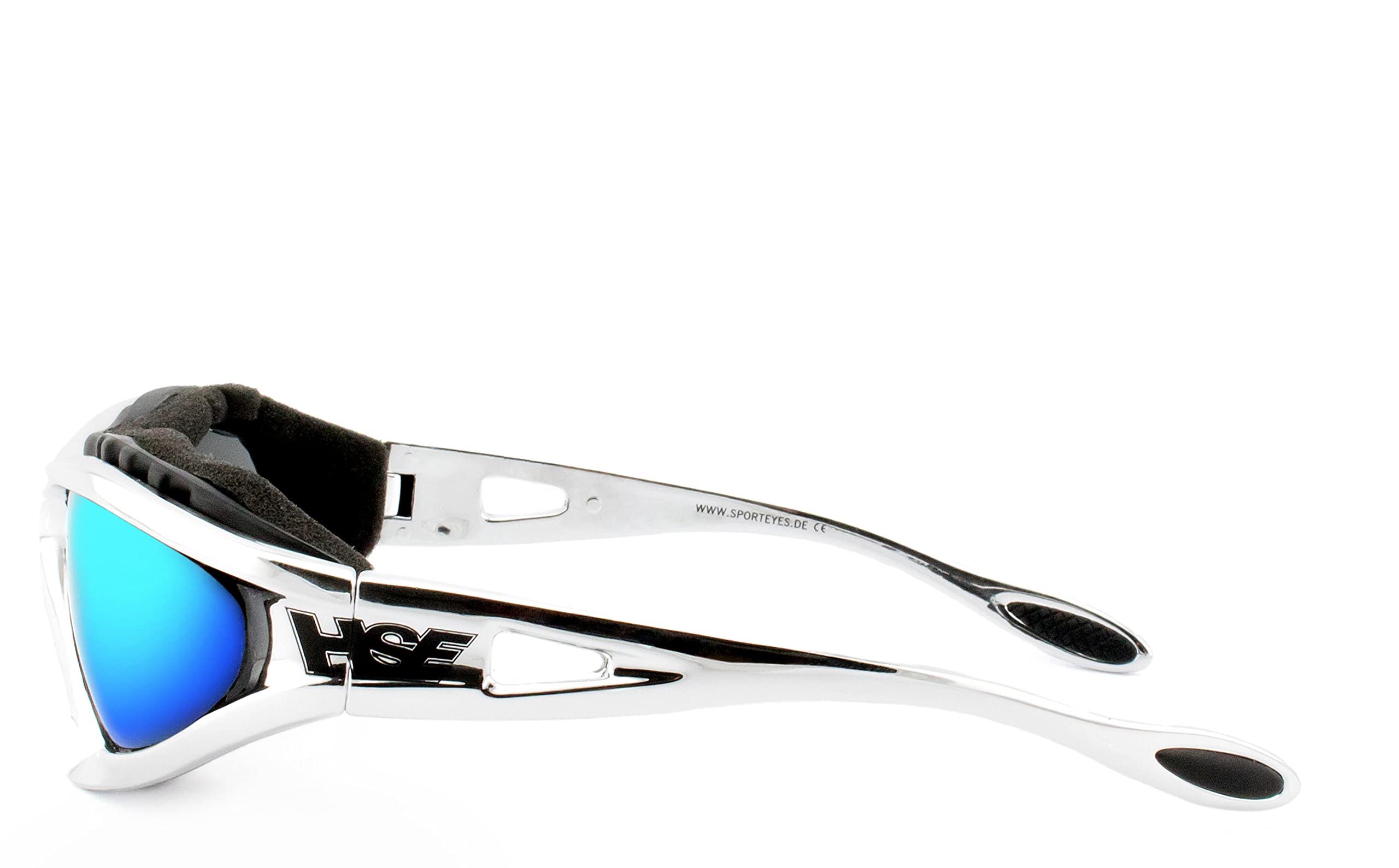 HSE SportEyes® | beschlagfrei, winddicht, HLT® Kunststoff-Sicherheitsglas nach DIN EN 166 | Sportbrille, Radbrille, Sonnenbrille | Brille: 2050 (blau verspiegelt - Chrom)