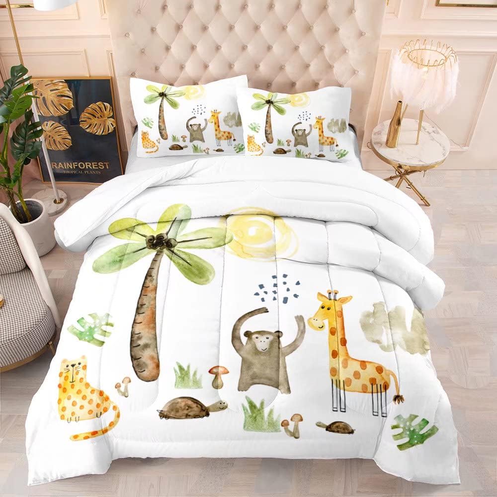 EDGZKO Cute Jungle Animals Quilt Twin Size Cartoon Wildlife