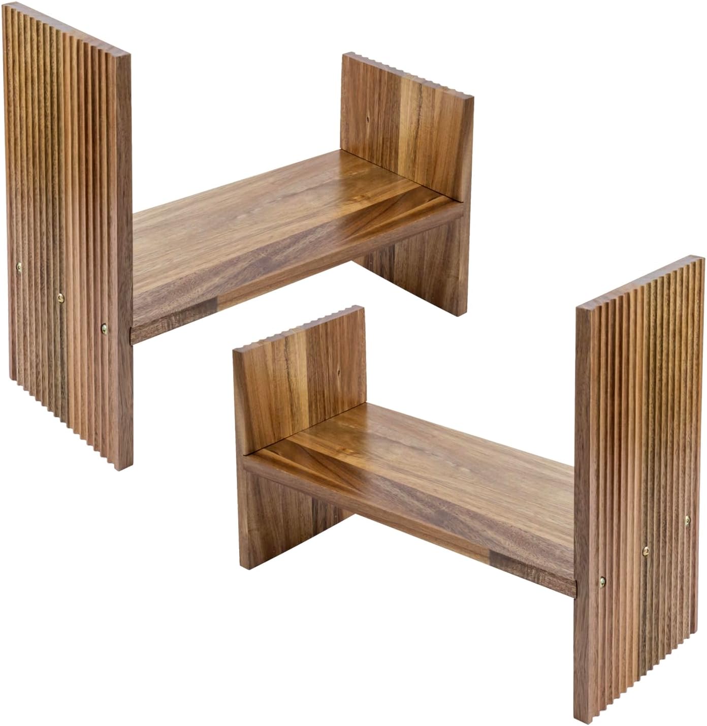 MyGift Premium Acacia Solid Wood Adjustable Desktop Book Shelf with Fluted Side Panels, Wooden Desk Storage Home Office Supplies Organizer, 2 Piece Shelves