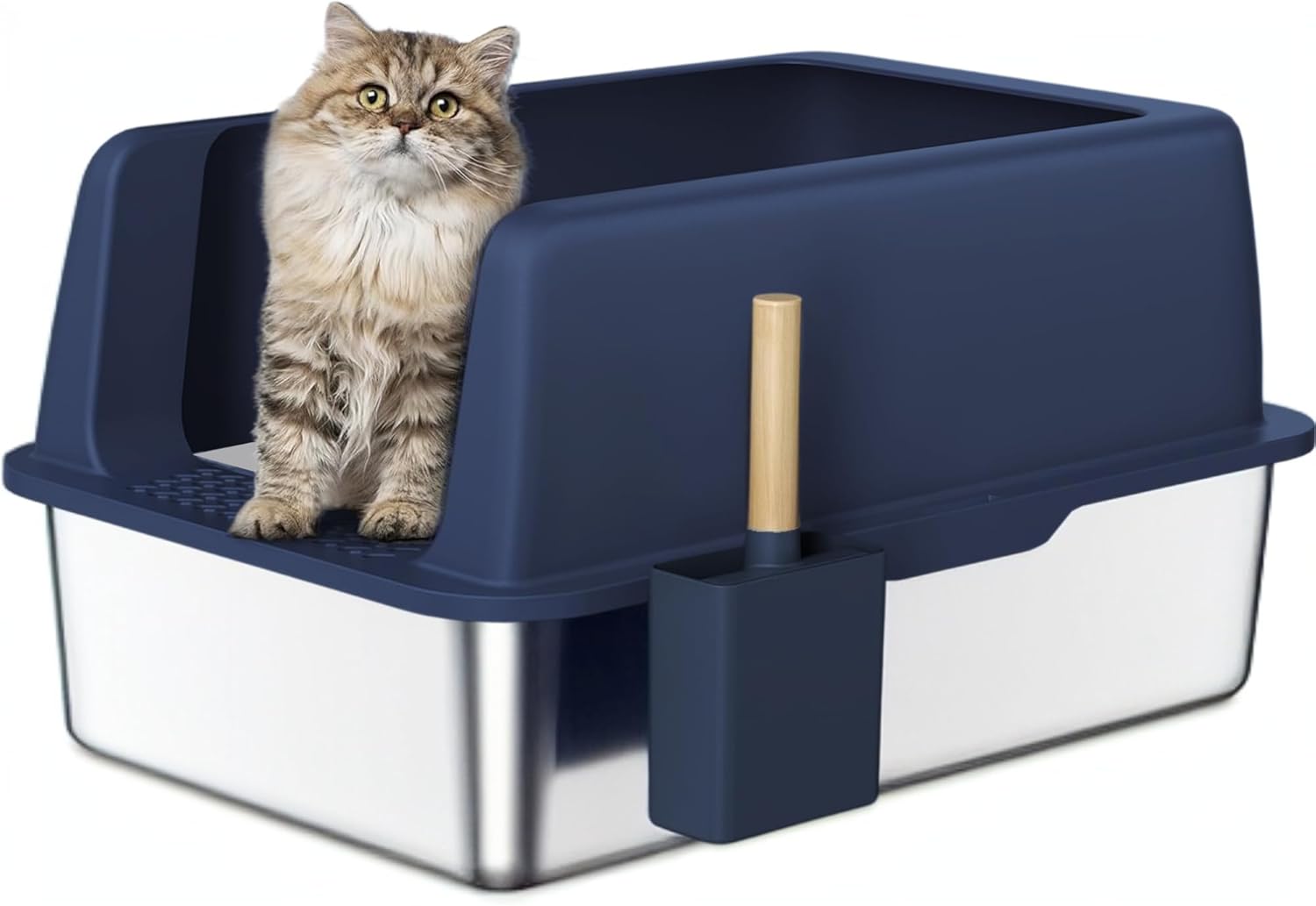Generic Stainless Steel X-Large Blue Semi-Enclosed Litter Box kit for Multiple Cats, Matching Scooper and Holder Included, High-Sided, Easy to Clean