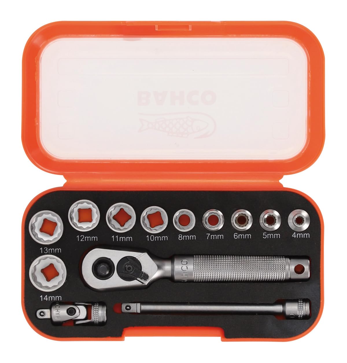 Bahco Jeu de douilles 13 pièces - Entraînement 1/4" | Acier au chrome vanadium | Kit d'outils professionnels avec cliquet et douilles | Design compact emballé pour le bricolage, l'automobile et